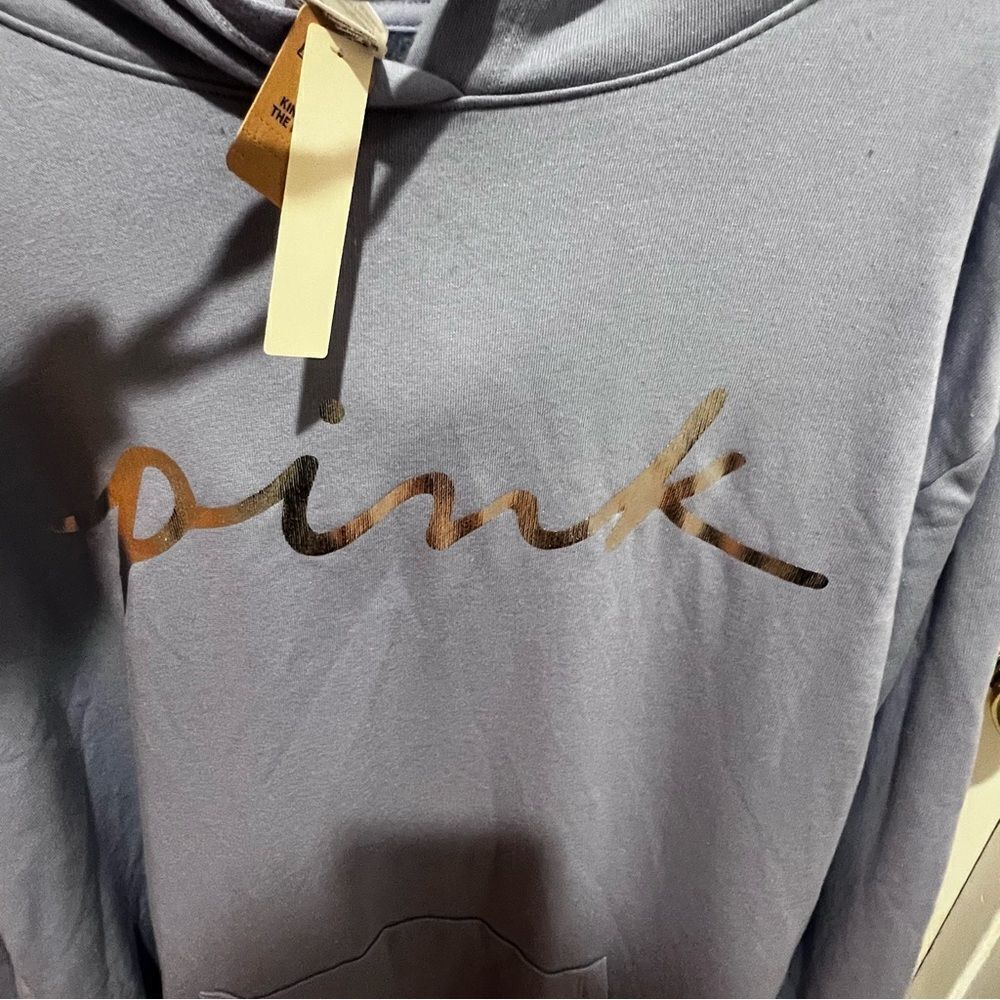NWT Victoria Secrets PINK Foil Fleece Campus Hoodie sz Large baby blue‎ - Picture 4 of 10